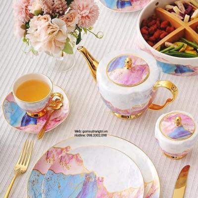 BỘ ẤM CHÉN VÂN ĐÁ VIỀN VÀNG CAO CẤP